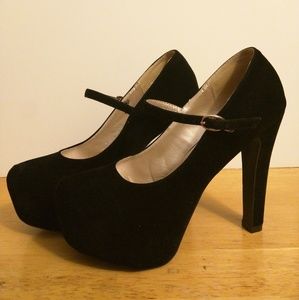 Black Faux Suede Platform Maryjane Heels